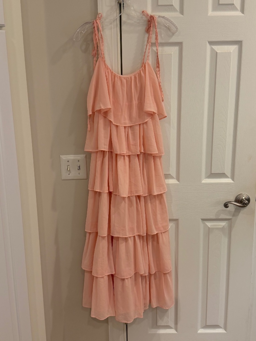 Tiered Ruffled Pink Chiffon Maxi Dress Spaghetti Straps - Size M